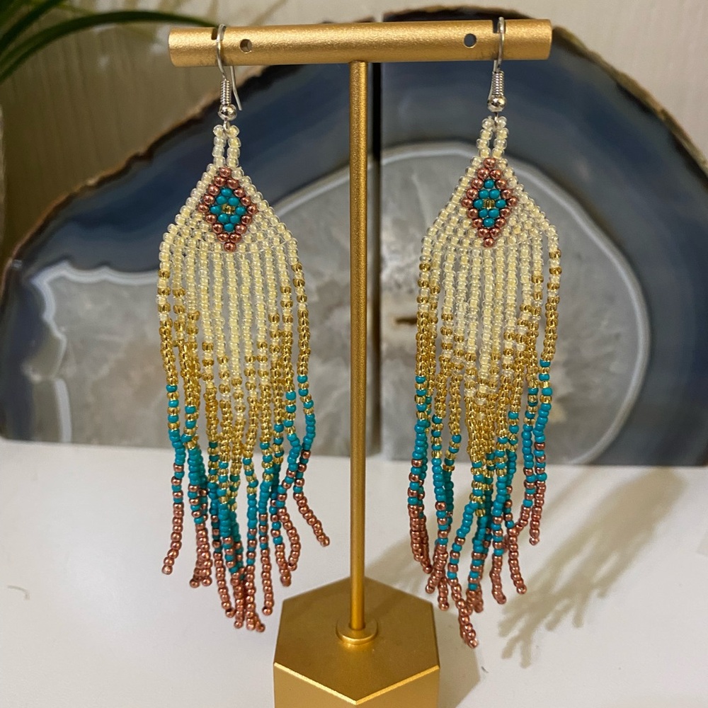Gold and Blue Chandelier Earrings with Beaded Tassels